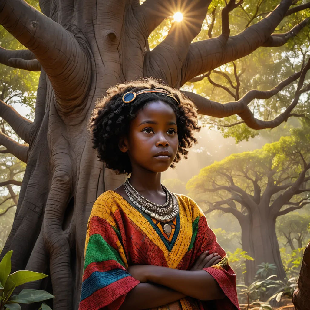 a young girl standing in front of a tree with her arms crossed and a sun shining through the trees, afrofuturism, a colorized photo, Ella Guru, hd shot