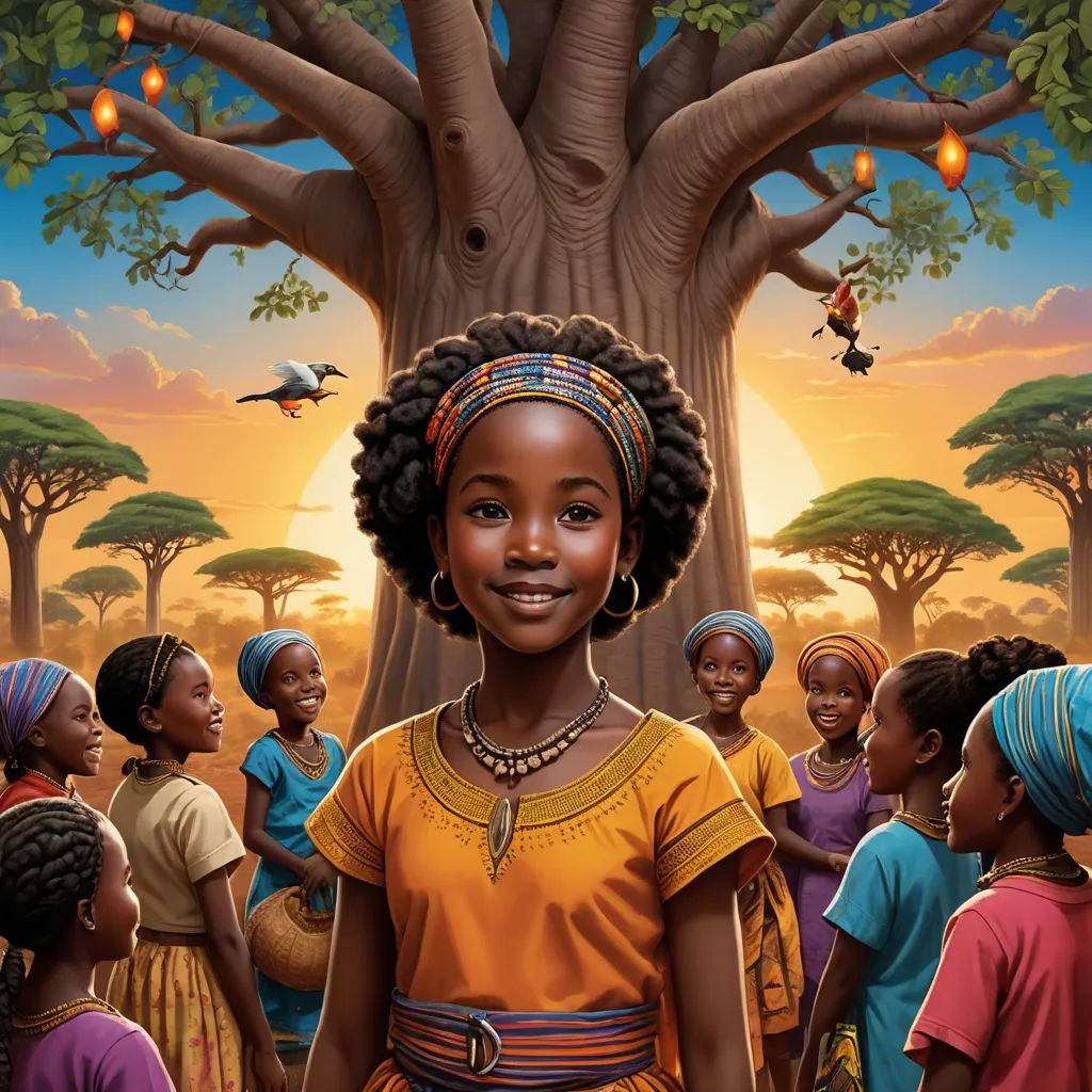 a painting of a young girl standing in front of a group of children in front of a tree with a bird flying overhead, magical realism, a storybook illustration, Chinwe Chukwuogo-Roy, official art