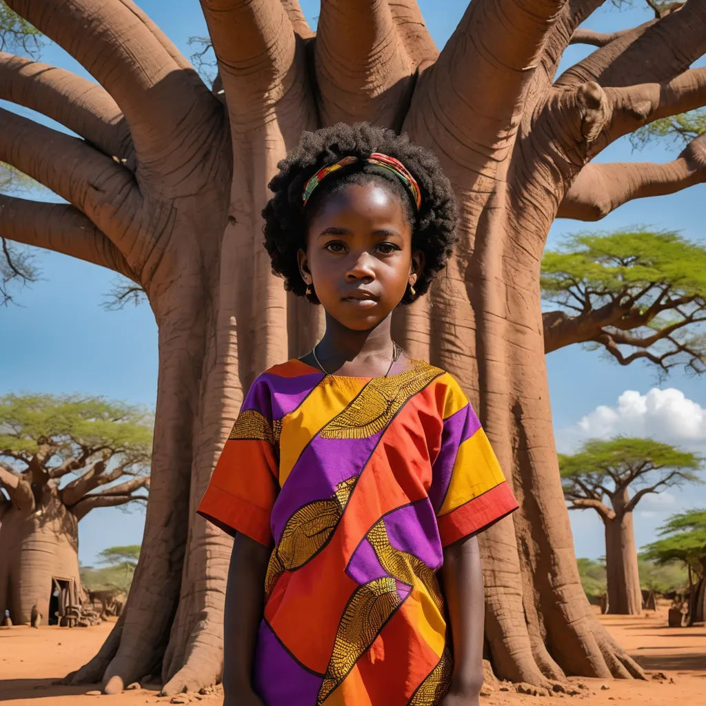 a young girl standing in front of a tree with a sky background and clouds in the background, with a blue sky and clouds in the background, primitivism, a photocopy, Eric Deschamps, award-winning photograph