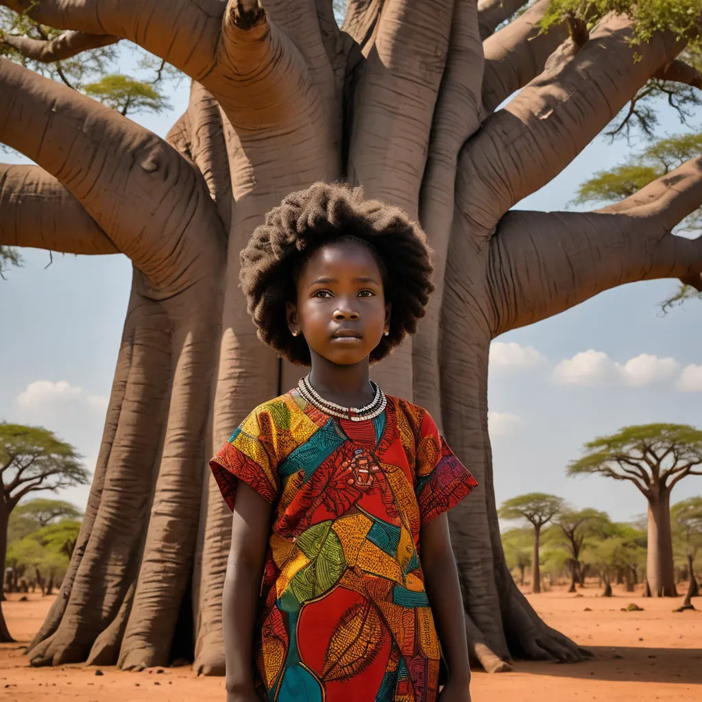 a young girl standing in front of a tree with a large trunk in the background and a sky background, naturalism, a portrait, Eric Deschamps, roots