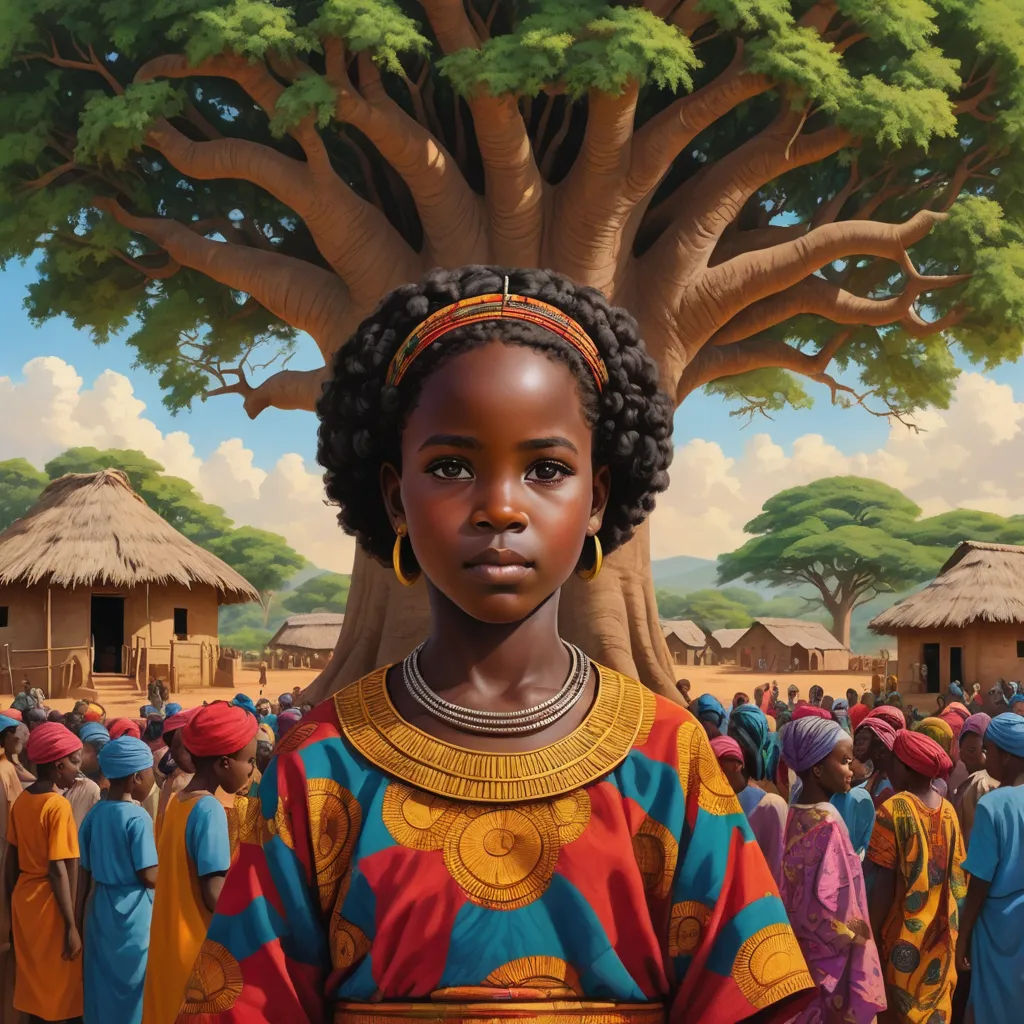 a painting of a woman in a colorful dress standing in front of a crowd of people under a tree, figurative art, an oil painting, Chinwe Chukwuogo-Roy, highly detailed oil painting