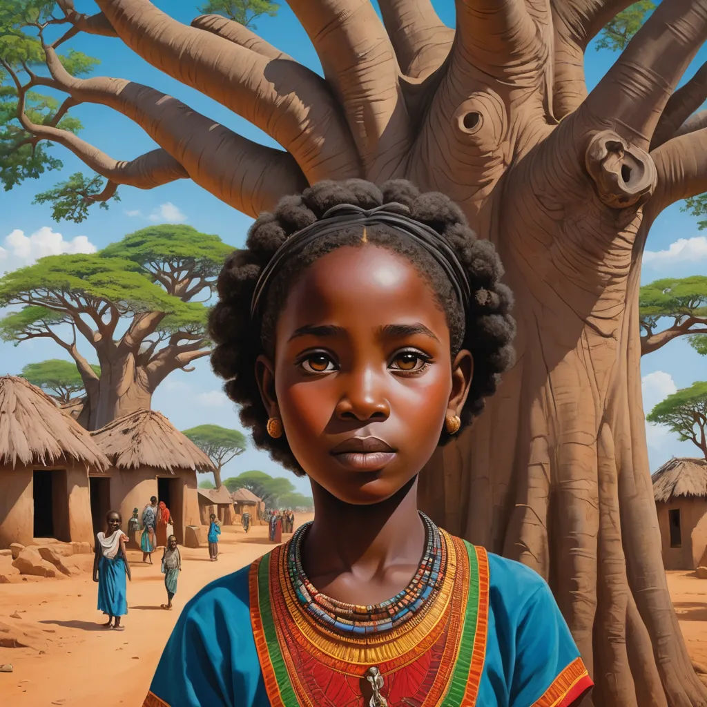 a painting of a young girl standing in front of a tree with a village in the background and a woman in a blue dress, figurative art, an oil painting, Bob Ringwood, highly detailed oil painting