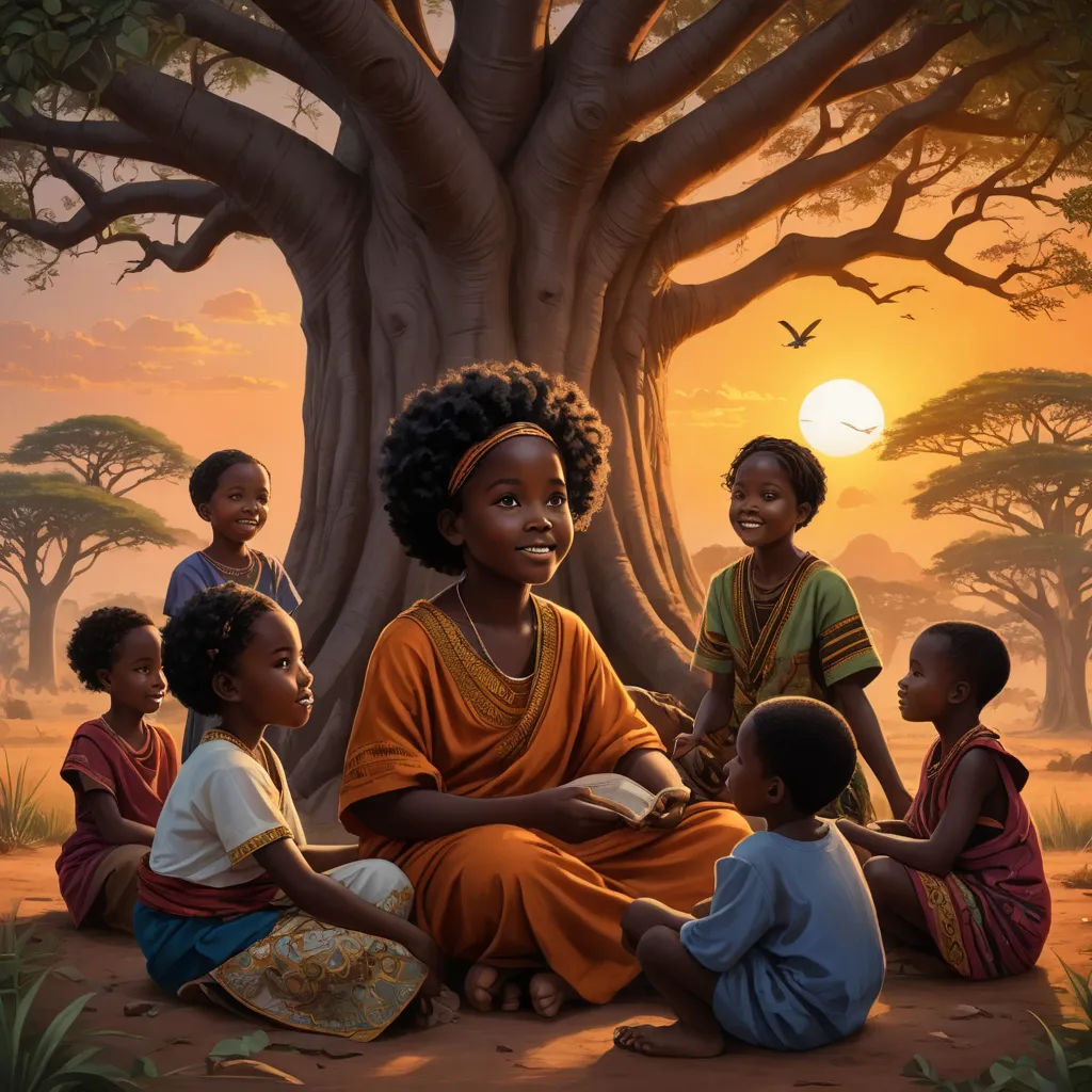 a painting of a group of children sitting under a tree with a bird flying overhead in the background of the painting, magical realism, a storybook illustration, Chinwe Chukwuogo-Roy, storybook illustration