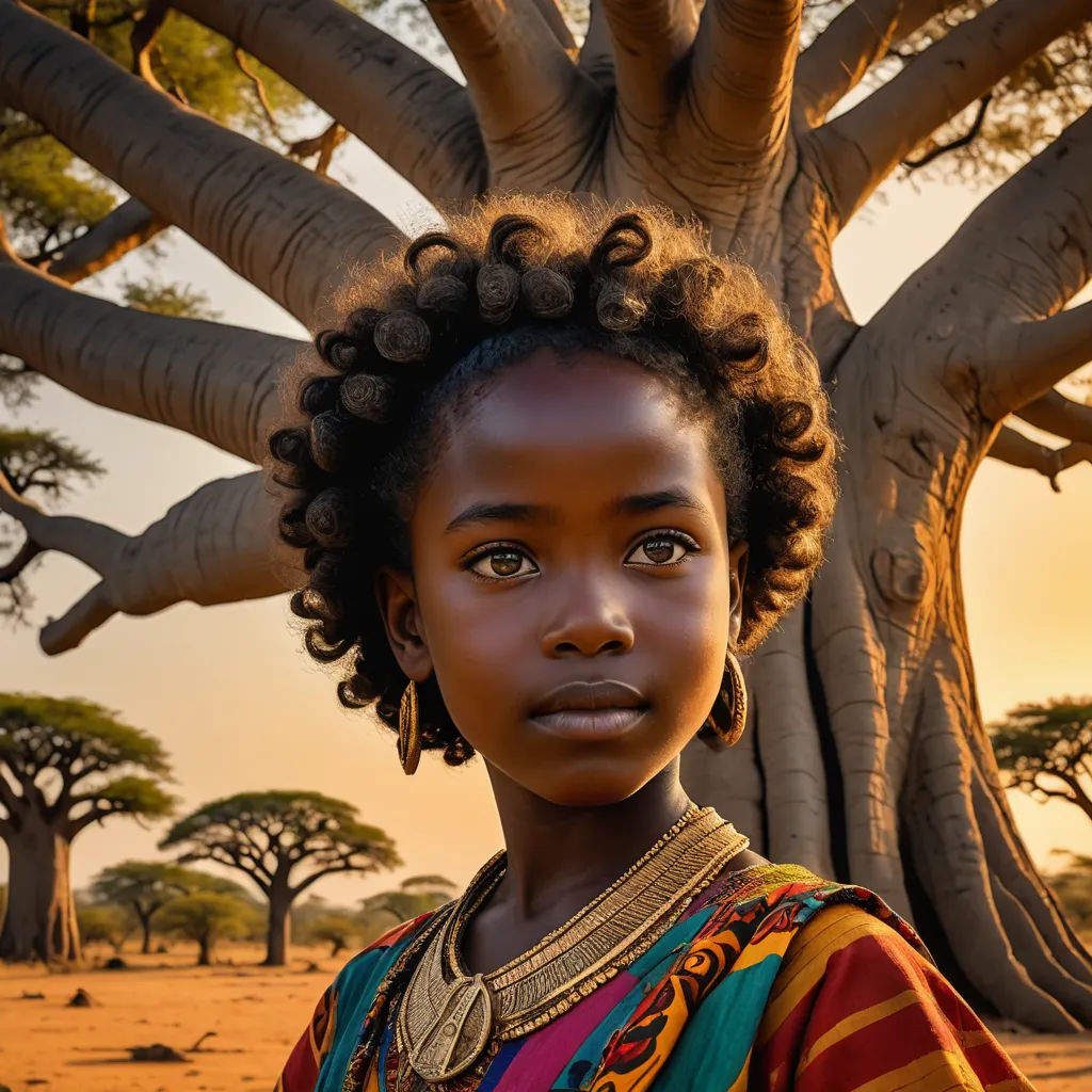 a young girl standing in front of a tree with a sunset in the background and a sky background with a few clouds, art photography, a colorized photo, Daniel Lieske, award-winning photograph