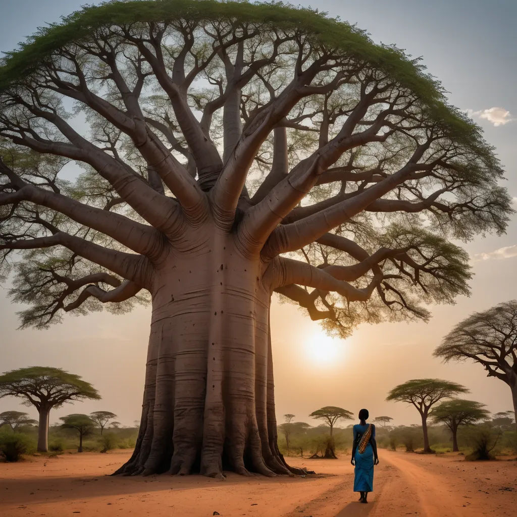 a woman standing in front of a large bao tree in the desert at sunset or dawn with the sun shining through the branches, naturalism, a jigsaw puzzle, Eric Deschamps, roots