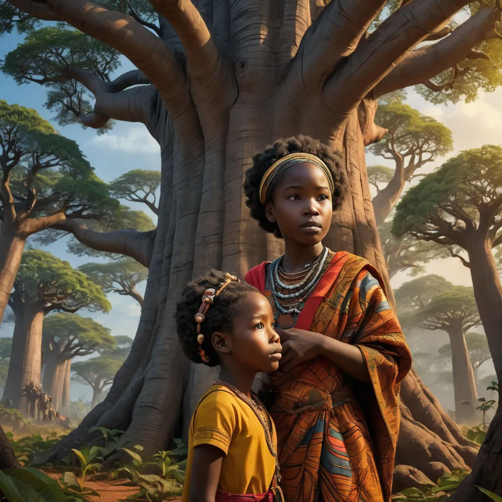 a painting of two women standing in front of a tree with a sky background and a sun shining through the branches, afrofuturism, a detailed matte painting, Chinwe Chukwuogo-Roy, promotional image