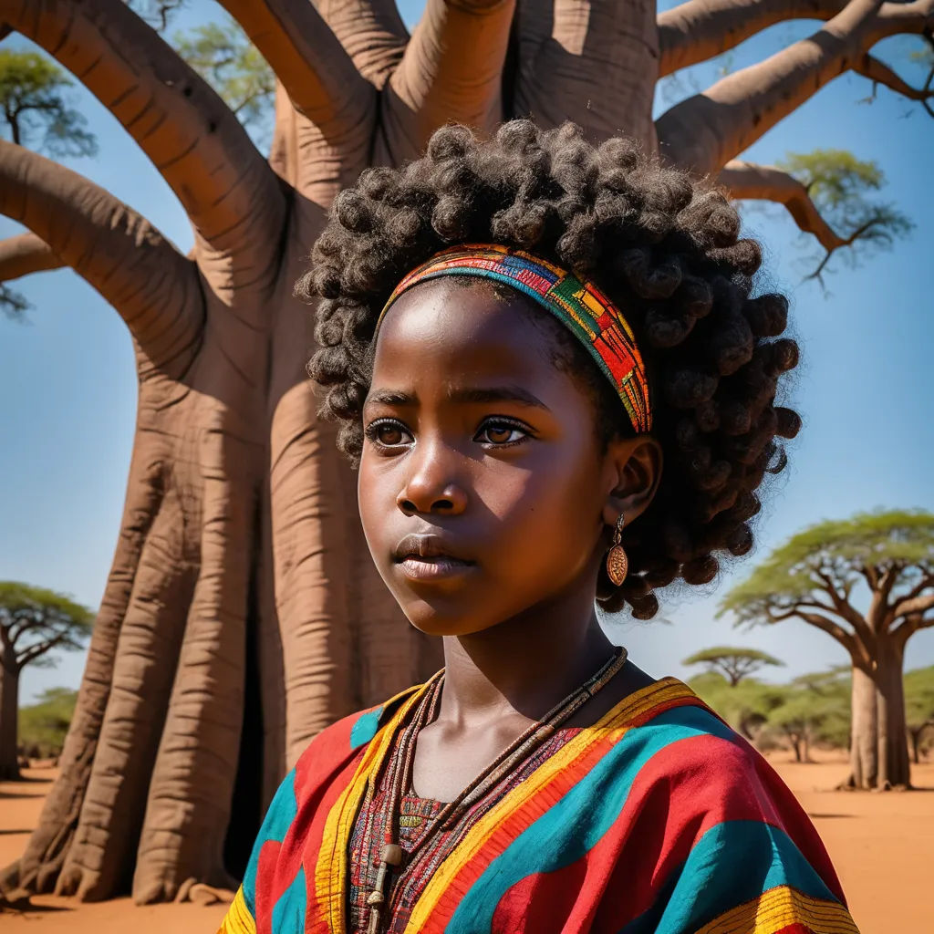 a young girl standing in front of a tree with a headband on her head and a sky background, photorealism, a photorealistic painting, Eric Deschamps, award-winning photograph