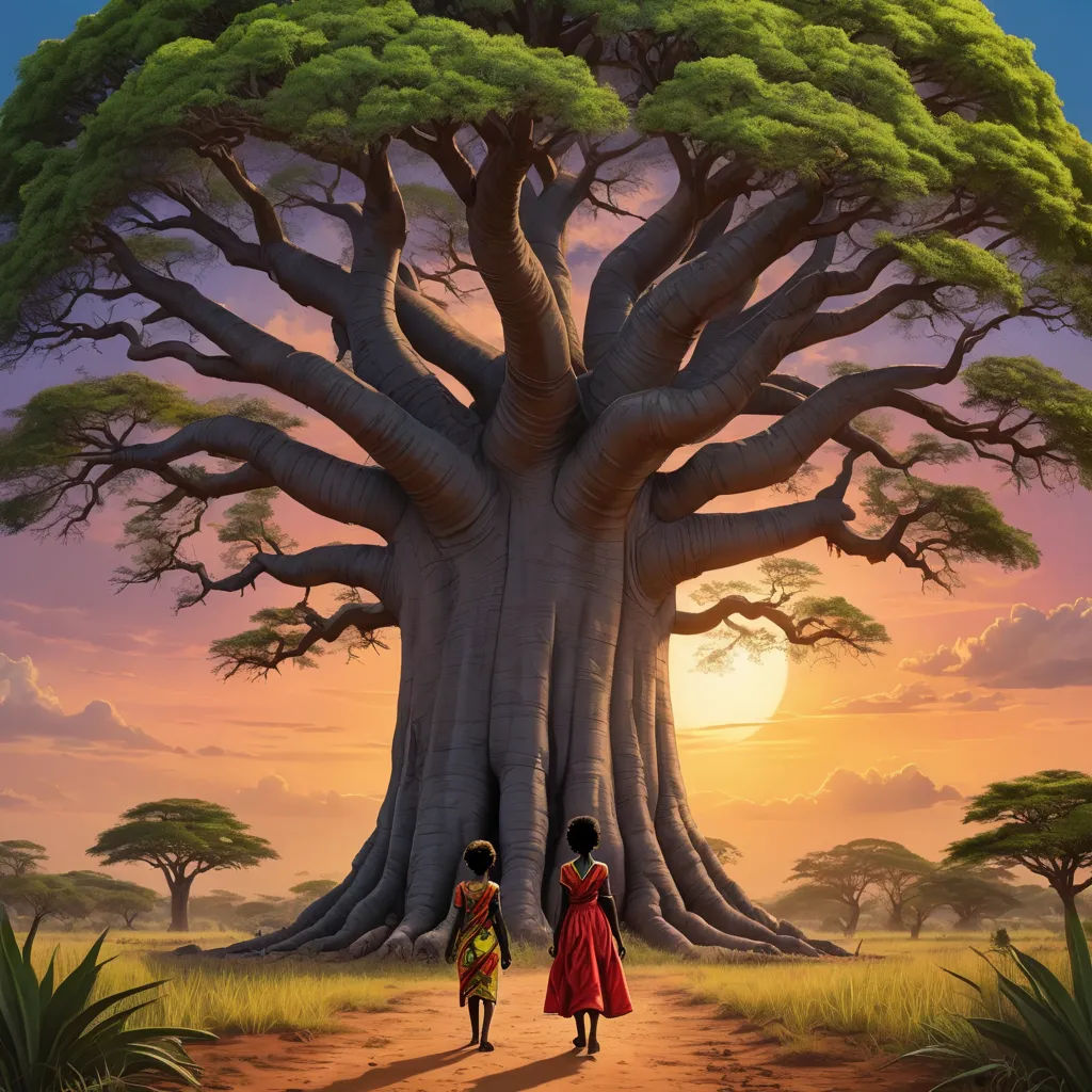two women standing in front of a large tree with the sun setting behind them and a pink sky behind them, magical realism, a detailed matte painting, Brothers Hildebrandt, roots