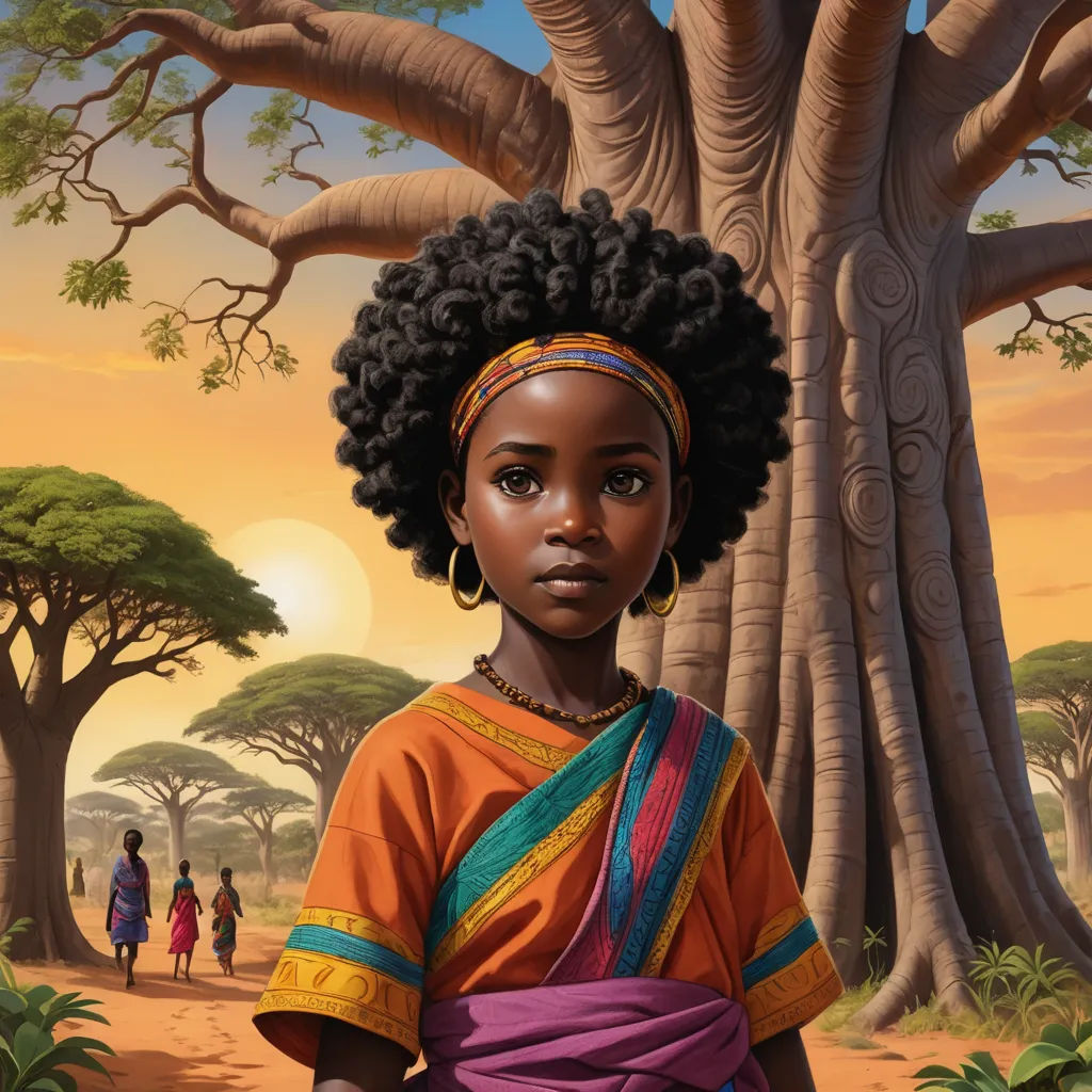 a painting of a woman standing in front of a tree with a sunset in the background and a man walking behind her, afrofuturism, a character portrait, Chinwe Chukwuogo-Roy, official art