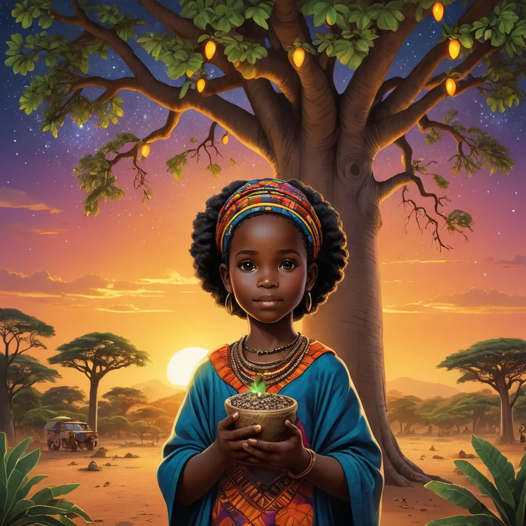 a painting of a woman holding a pot of coffee in front of a tree with a sunset in the background, afrofuturism, a storybook illustration, Chinwe Chukwuogo-Roy, official art