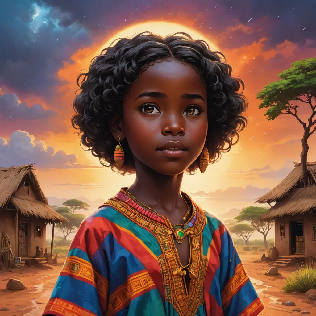 a painting of a young girl in a colorful dress standing in front of a sunset with a hut in the background, american scene painting, a painting, Chinwe Chukwuogo-Roy, official art