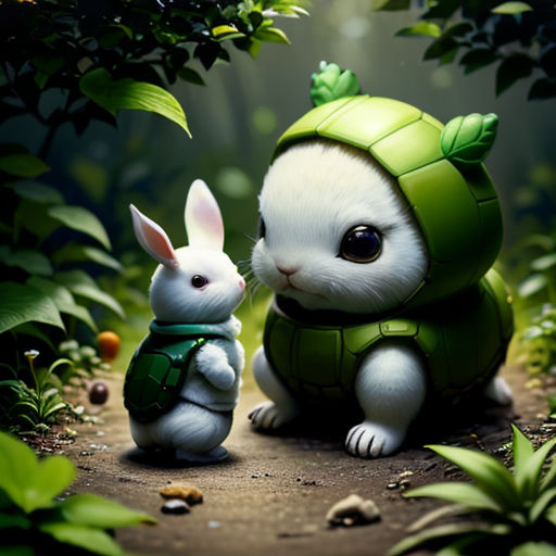 a couple of rabbits standing next to each other on a forest floor with leaves and rocks on the ground