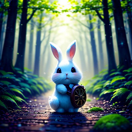 a rabbit holding a wheel in the middle of a forest with trees and grass on either side of it