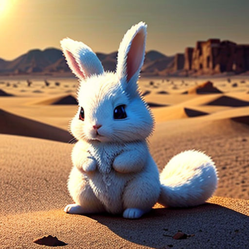 a white rabbit sitting on top of a sandy beach next to a desert landscape with a castle in the background