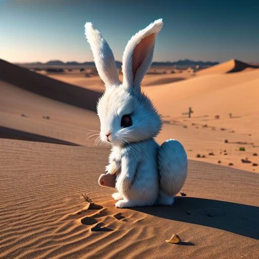 a white rabbit sitting in the middle of a desert area with footprints in the sand and a blue sky