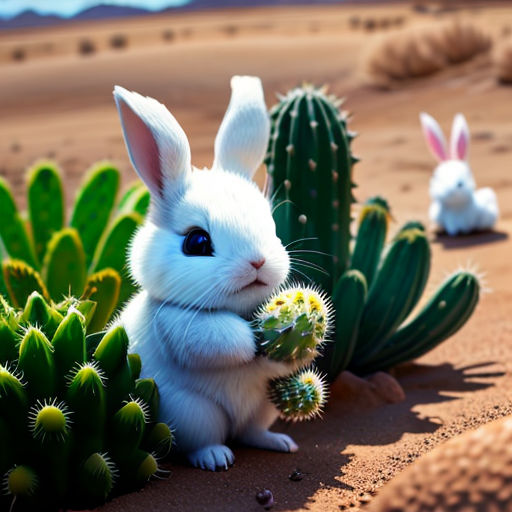 a white rabbit sitting in the desert next to a cactus and a cactus plant with two other rabbits in the background