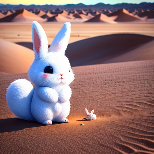 a white rabbit sitting on top of a sandy beach next to a starfish toy in the desert at sunset