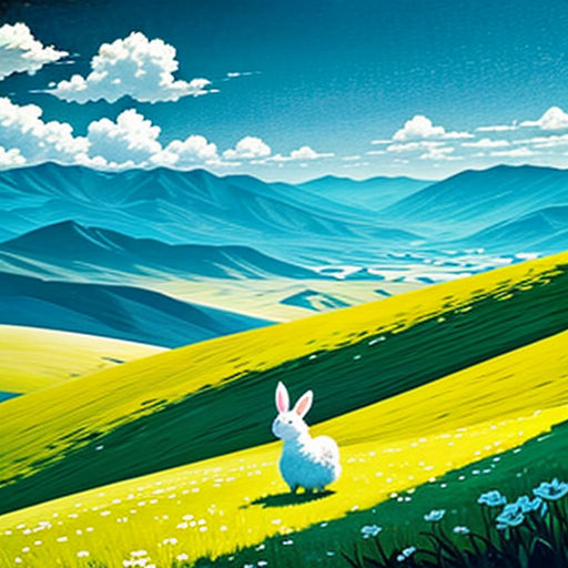 a painting of a bunny in a green field with mountains in the background and clouds in the sky above