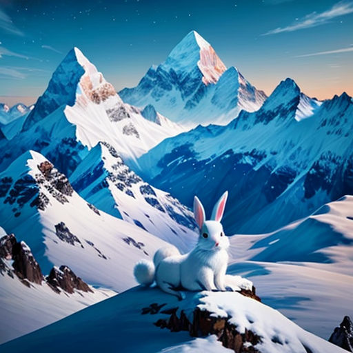 a rabbit sitting on top of a snow covered mountain under a night sky with stars and clouds above it