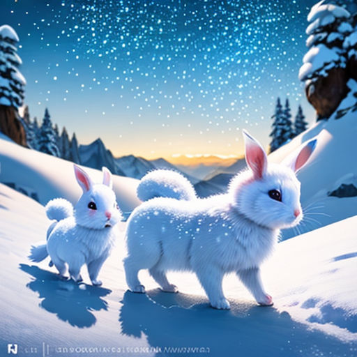 a group of white rabbits standing on top of a snow covered hill under a night sky with stars and moon