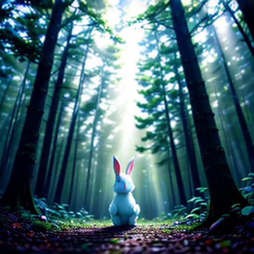 a rabbit sitting in the middle of a forest with a light shining through the trees on it's back