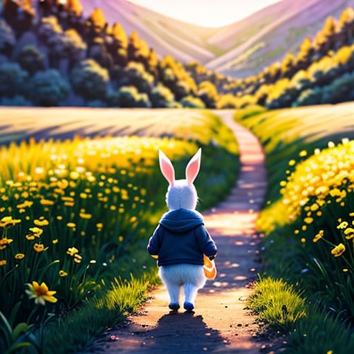 a little bunny walking down a path in a field of flowers with a bunny ears on it's head