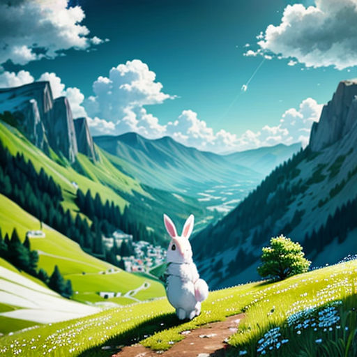 a rabbit sitting on a hill looking at the sky and mountains in the background with clouds and grass and flowers