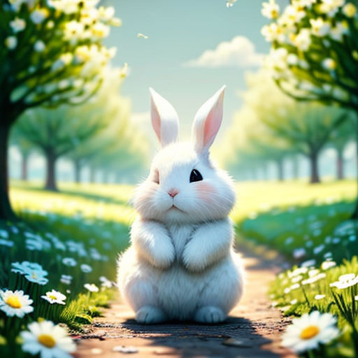 a white rabbit sitting on a path in a field of flowers and daisies with a sky background and trees