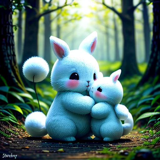 a couple of stuffed animals sitting on top of a forest floor next to trees and grass with a forest background