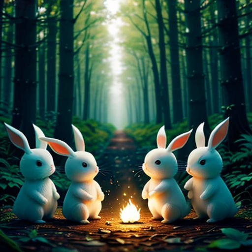 three rabbits sitting in the middle of a forest with a fire in the middle of the forest, with the lights on
