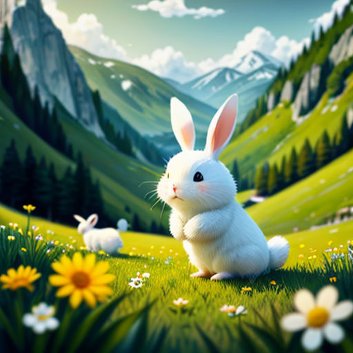 a painting of a bunny sitting in a field of grass with mountains in the background and daisies in the foreground