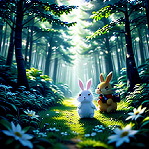 two rabbits are sitting in the middle of a forest with daisies and trees in the background, with a bright light coming from the top of the trees