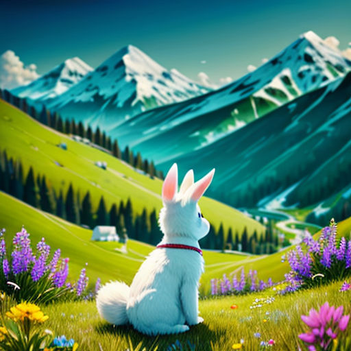 a white rabbit sitting in a field of flowers with mountains in the background and a blue sky in the background