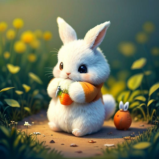 a white rabbit holding a carrot in its hand and a small orange in its other hand in a field of flowers