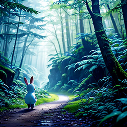 a rabbit is walking down a path in the woods with trees and grass on both sides of the path
