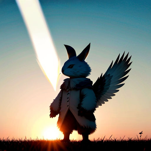 a cartoon character with wings standing in the grass at sunset with a bright light behind him and a bright beam in the sky