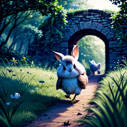 a rabbit is walking down a path in a forest with a stone arch in the background and a rabbit is running towards the camera