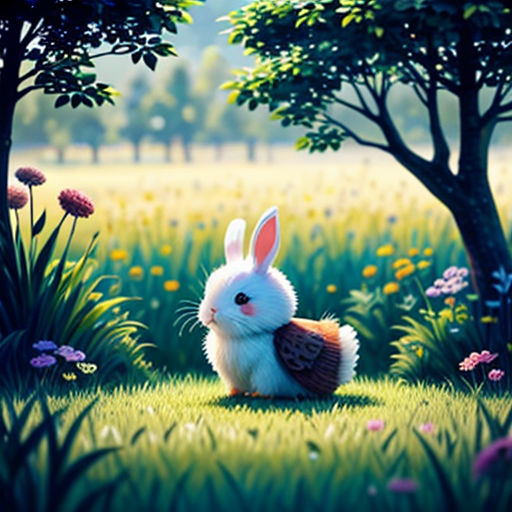 a rabbit sitting in the grass with trees in the background and flowers in the foreground, with a field of flowers and trees in the background
