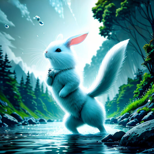 a white rabbit standing in the water with its paws on its chest and legs, with a forest in the background