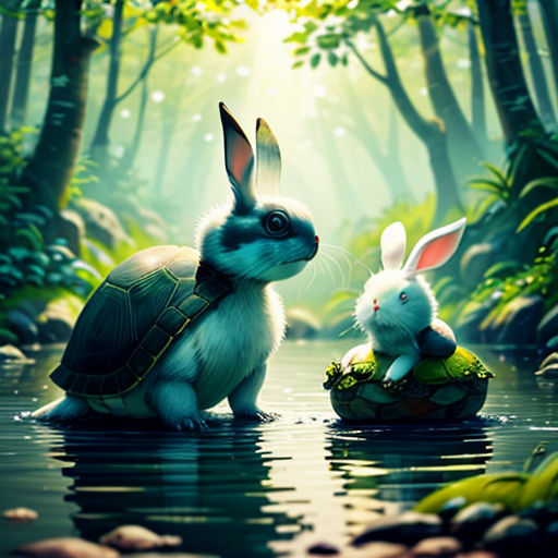 a rabbit and a rabbit sitting on a rock in the water in a forest with trees and rocks, with sunlight streaming through the trees