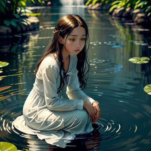 a woman sitting on a rock in a pond of water with lily pads around her feet and a waterfall in the background
