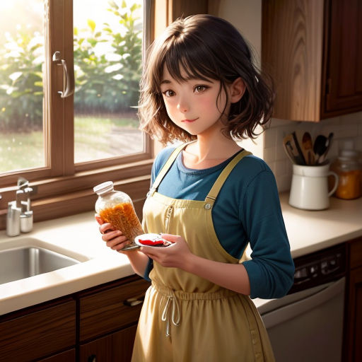 a young girl holding a jar of food in a kitchen next to a sink and window with a window sill
