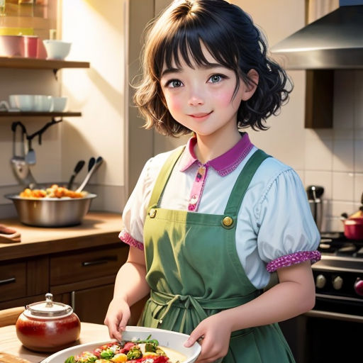a young girl holding a plate of food in a kitchen with a pot of sauce on the counter and a pot of sauce on the stove