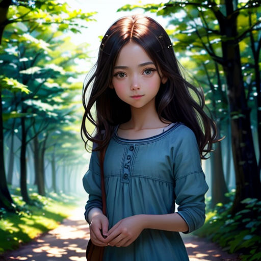 a painting of a girl in a forest with a handbag on her shoulder and a handbag on her hip