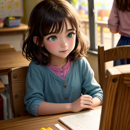 a little girl sitting at a table with a laptop computer in front of her and a girl standing behind her