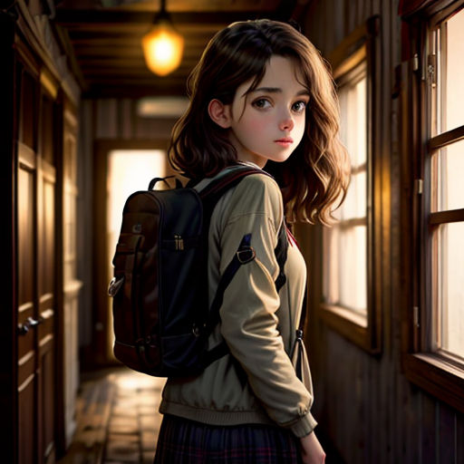 a girl with a backpack standing in a hallway next to a window and looking out the window at the sun