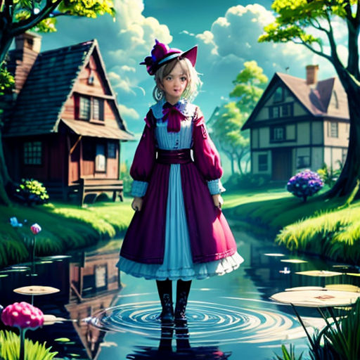 a girl in a dress and hat standing in a pond with a house in the background and a pond with lily pads