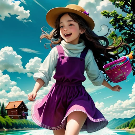 a girl in a purple dress and hat running across a lake with a pink bucket in her hand and a pink hat on her head