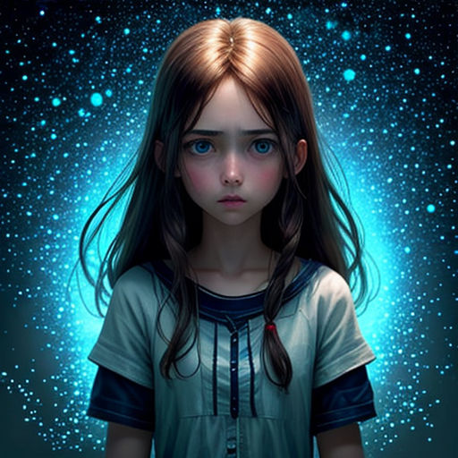 a girl with long hair standing in front of a blue background with stars and a light shining on her