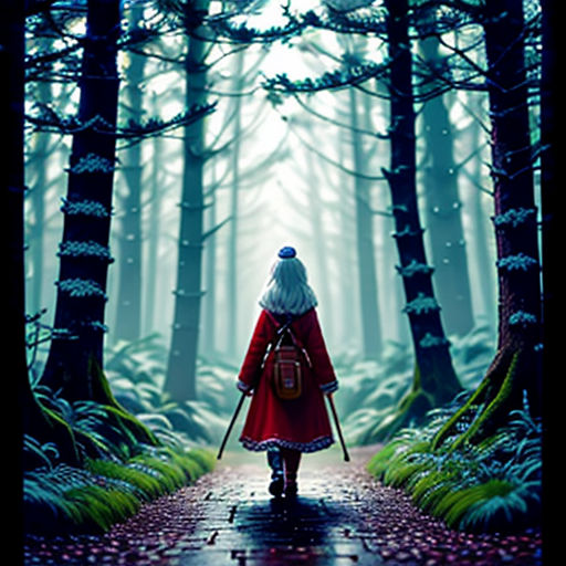 a person walking down a path in the woods with a backpack on their back and a red coat on